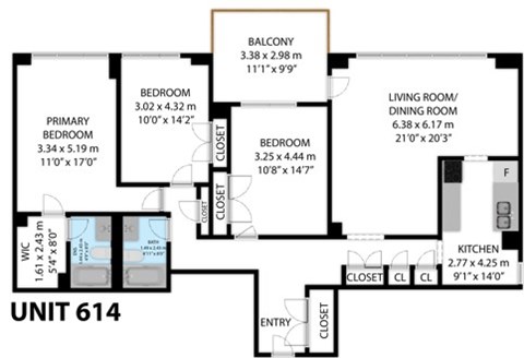 A floor plan for a unit labeled 614 shows the layout of the bedrooms, living room, dining room, kitchen, and closets.
